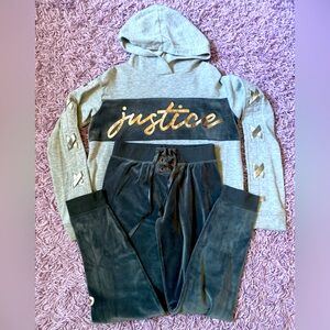 2 piece set Justice Gray Hoodie & Pants Set with Gold Logo size 12